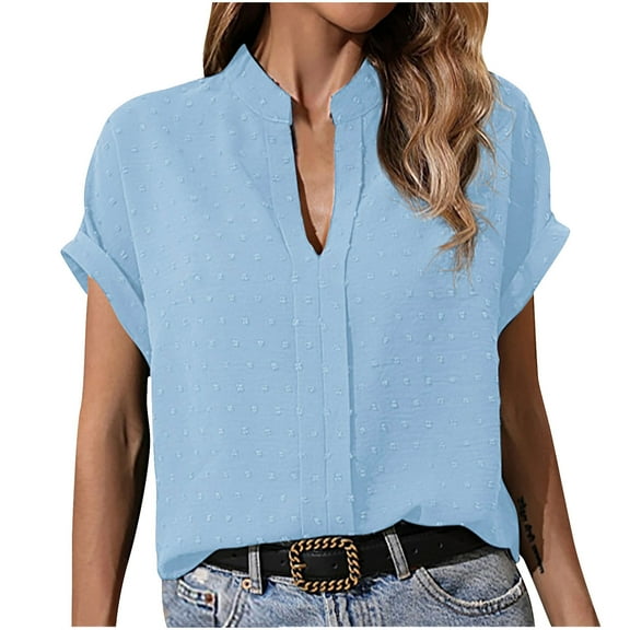 Mittory Womens Summer Tops Casual V Neck T Shirts Petal Short Sleeve Blouses Dressy Loose Fit Tunic