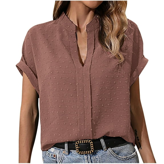 Mittory Womens Summer Tops Casual V Neck T Shirts Petal Short Sleeve Blouses Dressy Loose Fit Tunic