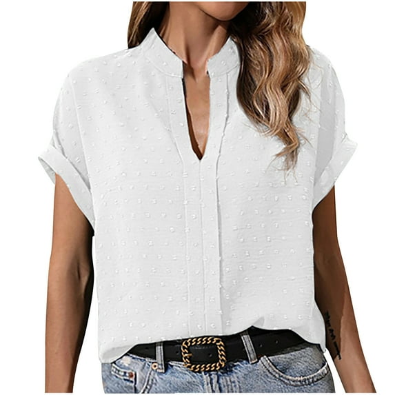 Mittory Womens Summer Tops Casual V Neck T Shirts Petal Short Sleeve Blouses Dressy Loose Fit Tunic