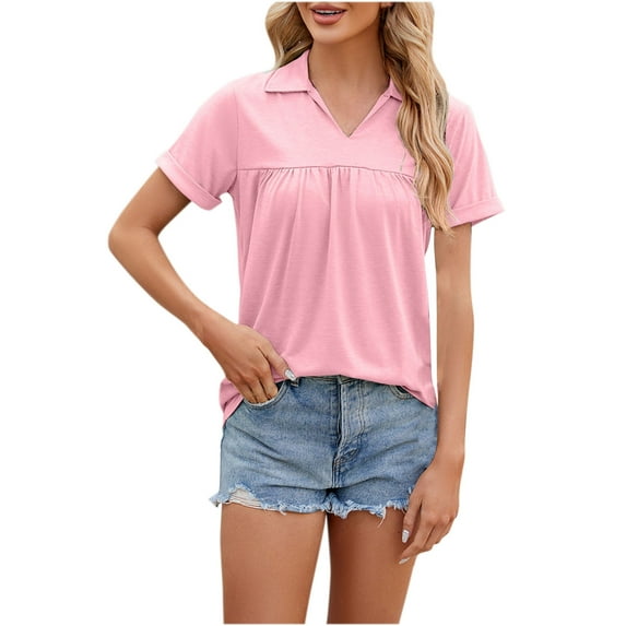 Mittory Womens Summer Tops Collared V Neck Shirts Flowy Pleated Tunics Roll Short Sleeve Trendy Blouses