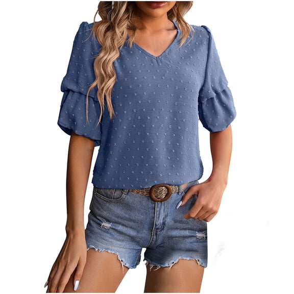 Mittory Womens Summer Tops Crewneck Short Sleeve Shirts Casual Chiffon Blouses Flowy Lace Hem Boho Clothing Trendy