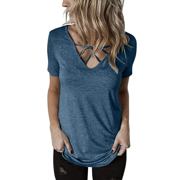 Mittory Womens Summer Tops Criss Cross Short Sleeve Shirts V Neck Tshirts Casual Tunic Blouses Tees
