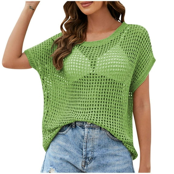 Mittory Womens Summer Tops Crochet Short Sleeve Mesh Knit Shirts Beach Swimsuit Swim Cover Up