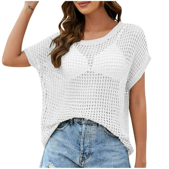 Mittory Womens Summer Tops Crochet Short Sleeve Mesh Knit Shirts Beach Swimsuit Swim Cover Up