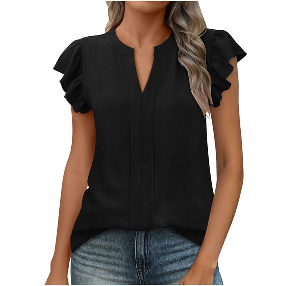 Mittory Womens Summer Tops Dressy Casual Blouses Ruffle Cap Sleeve V Neck Pleated Business Work Shirts