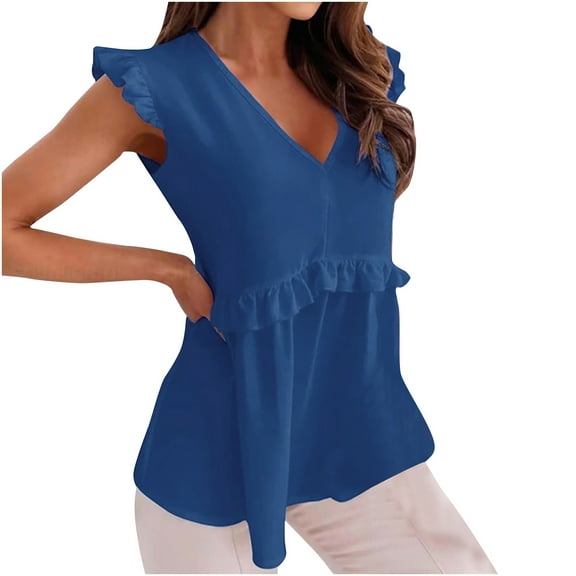 Mittory Womens Summer Tops Dressy V Neck Ruffle Short Sleeve Business Casual Blouses Office Work Shirt