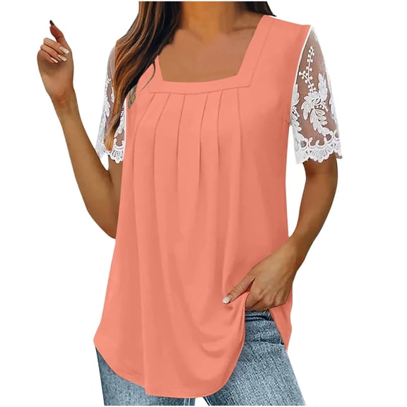 Mittory Womens Summer Tops Lace Pleated Short Sleeve Square Neck Tunics Shirts Blouses