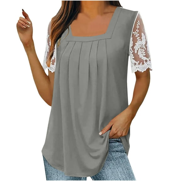 Mittory Womens Summer Tops Lace Pleated Short Sleeve Square Neck Tunics Shirts Blouses