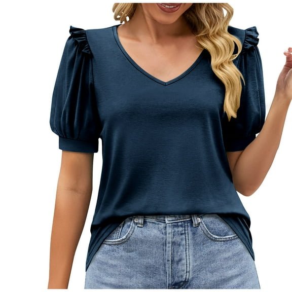 Mittory Womens Summer Tops Puff Short Sleeve V Neck T Shirts Loose Casual Tshirts