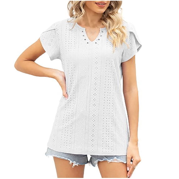 Mittory Womens Summer Tops Ruffle Short Sleeve T Shirts Trendy V Neck Tunics Casual Loose Eyelet Blouses Tee