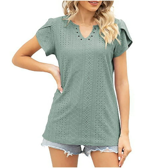 Mittory Womens Summer Tops Ruffle Short Sleeve T Shirts Trendy V Neck Tunics Casual Loose Eyelet Blouses Tee