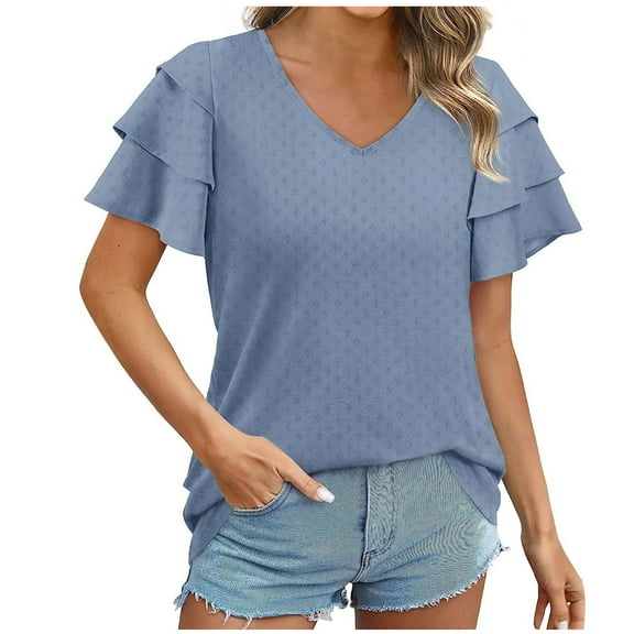 Mittory Womens Summer Tops Ruffle Short Sleeve V Neck T-Shirts Business Casual Loose Fit
