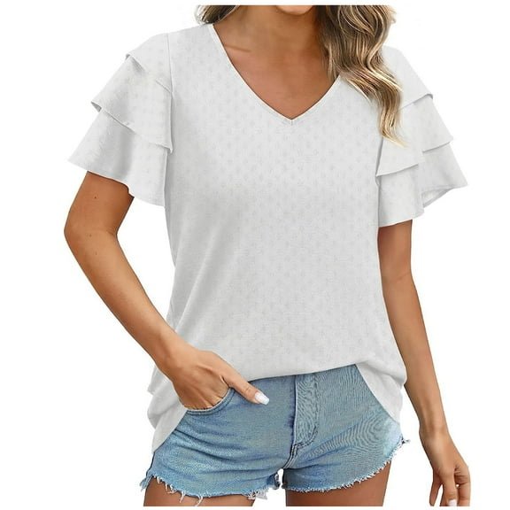 Mittory Womens Summer Tops Ruffle Short Sleeve V Neck T-Shirts Business Casual Loose Fit