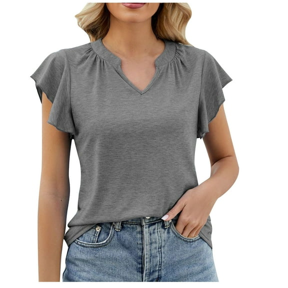 Mittory Womens Summer Tops Ruffle Short Sleeve V Neck T-Shirts Casual Loose Fit