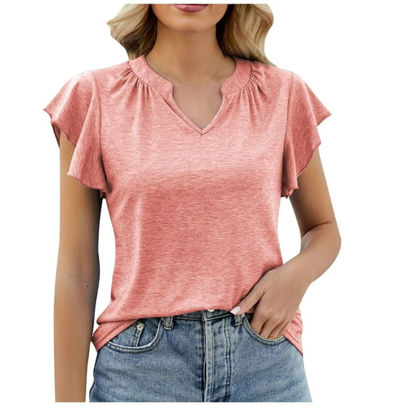 Mittory Womens Summer Tops Ruffle Short Sleeve V Neck T-Shirts Casual Loose Fit