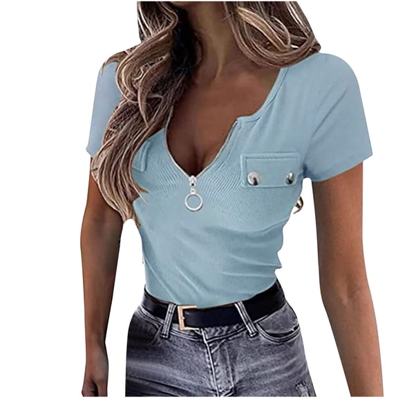 Mittory Womens Summer Tops Short Sleeve Shirts Sexy V Neck Slim Fit Zip Up Tops Ribbed Knit Henley Shirts Blouses