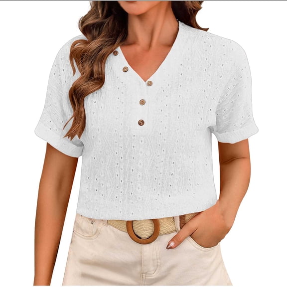 Mittory Womens Summer Tops Trendy Eyelet Button Down V Neck T Shirts Loose Casual Short Sleeve Tshirts Shirts