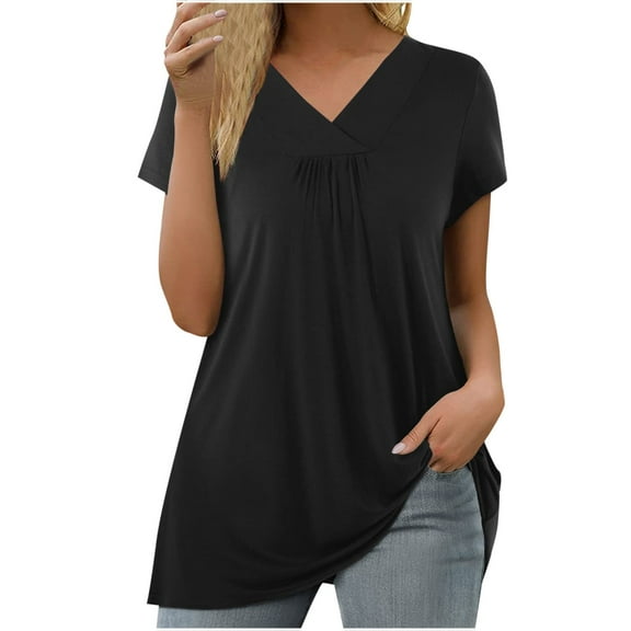 Mittory Womens Summer Tops V Neck Short Sleeve Dressy Casual Shirt Flowy Trendy Tunic Blouses