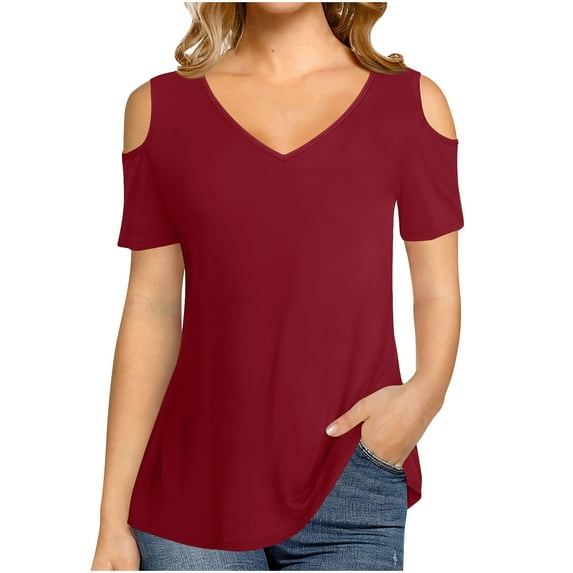 Mittory Womens Summer Trendy Shirts V Neck Cold Shoulder Tops Solid Color Fashion Casual Loose Sexy Blouse