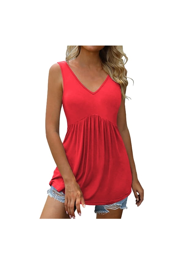 Womens Summer V Neck Tank Tops Basic Casual Flowy T Shirts Sleeveless Pleated Tunic Beach Blouse
