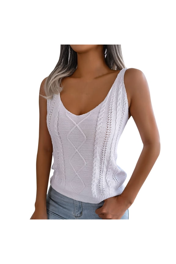 Womens Summer V Neck Tops Knitted Sleeveless Tank Top Cable Knit Sweater Vest Casual Solid Tee Shirts