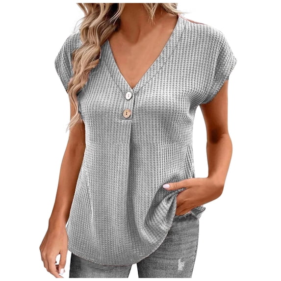 Mittory Womens Summer Waffle Knit Short Sleeve Tops Lightweight Drawstring Hoodies Button V Neck Casual Blouses Shirts