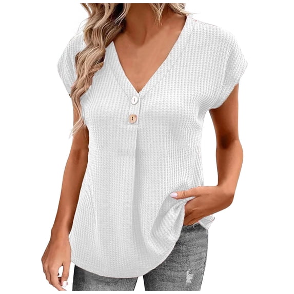 Mittory Womens Summer Waffle Knit Short Sleeve Tops Lightweight Drawstring Hoodies Button V Neck Casual Blouses Shirts