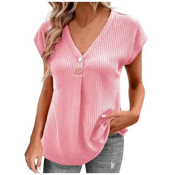 Mittory Womens Summer Waffle Knit Short Sleeve Tops Lightweight Drawstring Hoodies Button V Neck Casual Blouses Shirts