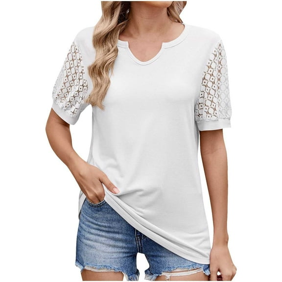 Mittory Womens T Shirt Casual V Neck Dressy for Women Lace Short Sleeve Curved Hem Tops Loose Fit