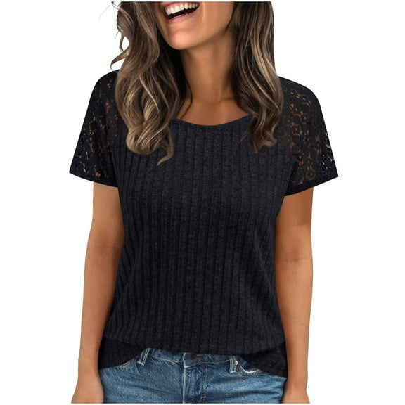 Mittory Womens T Shirts Lace Tops Fashion Short Sleeve Trendy Business Casual Dressy Knitted Summer Clothes
