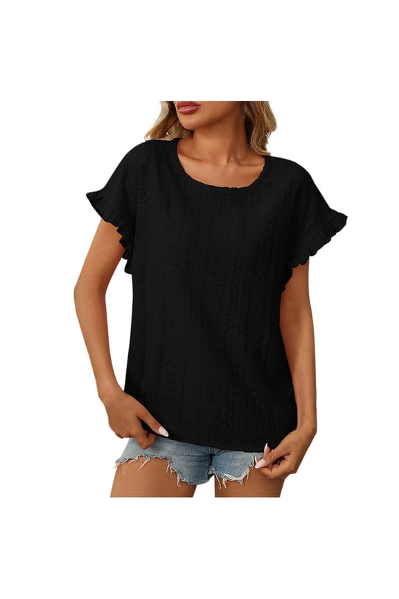 Womens T Shirts Ruffle Short Sleeve Tops Summer Eyelet Dressy Casual Comfy Outfits Clothes