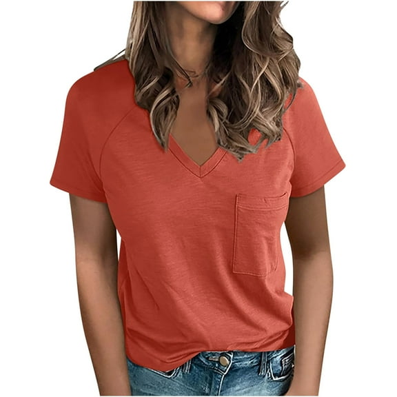 Mittory Womens T Shirts Short Sleeve V-Neck Shirts with Pocket Cute Fit Summer Casual Tee Tops