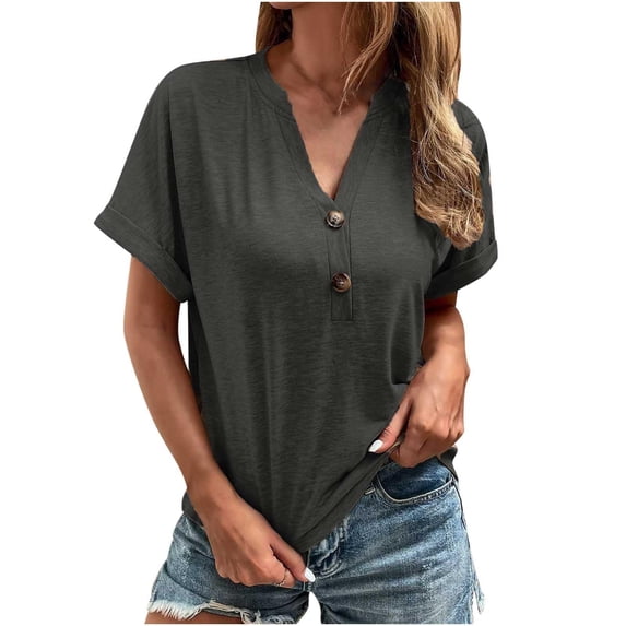 Mittory Womens T Shirts V Neck Rolled Short Sleeve Summer Tops Casual Button Trendy Loose Fit Business Dressy Blouses