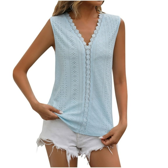 Mittory Womens Tank Tops Eyelet Embroidery Scoop Neck Sleeveless Shirts for Women Casual Loose Fit Basic Summer Top