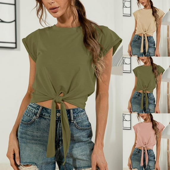 Mittory Womens Tie Knot Front Cropped T-Shirt Summer Casual Crew Neck Rolled Short Sleeve Crop Tops Tees
