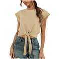 thumbnail image 1 of Mittory Womens Tie Knot Front Cropped T-Shirt Summer Casual Crew Neck Rolled Short Sleeve Crop Tops Tees, 1 of 4