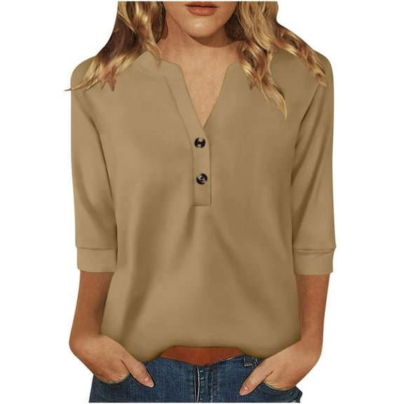Mittory Womens Tops 3/4 Sleeve V Neck Button Down Shirts Business Casual Outfit Basic Tees Summer Top