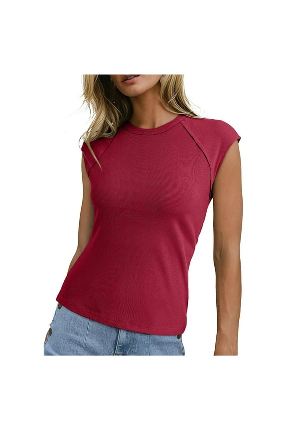 Womens Tops Casual Crewneck Cap Sleeve Tops Ribbed Hem Summer T Shirts Slim Fit Basic Tees Blouses