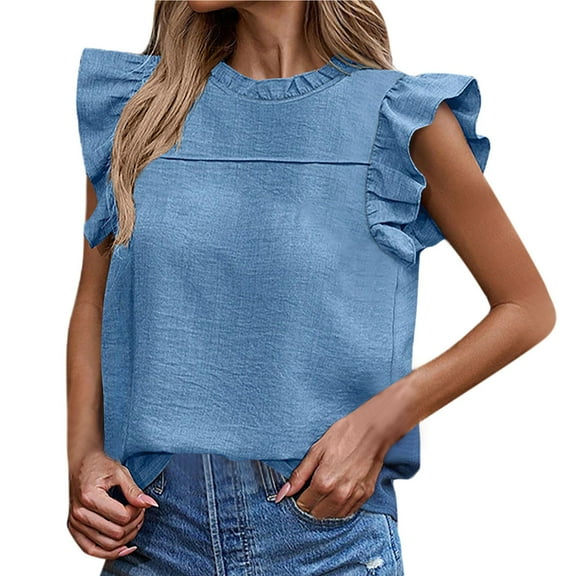 Mittory Womens Tops Casual Crewneck Smocked Ruffle Short Sleeve Dressy Blouses Babydoll Shirts
