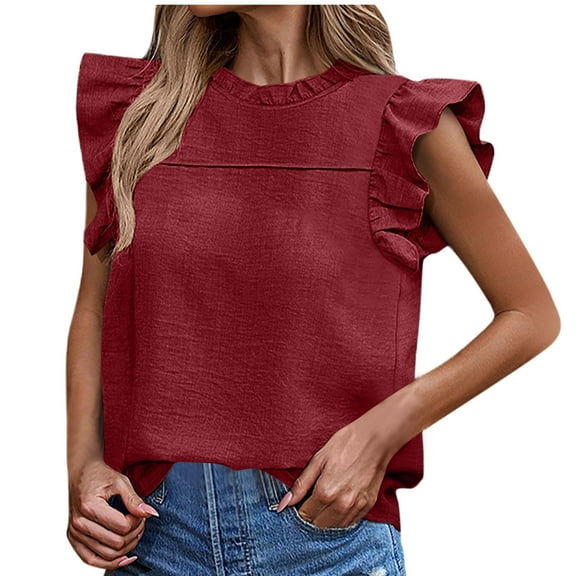 Mittory Womens Tops Casual Crewneck Smocked Ruffle Short Sleeve Dressy Blouses Babydoll Shirts