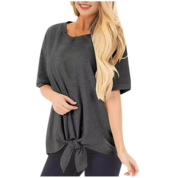 Mittory Womens Tops Casual Twist Knotted Short Sleeve Crewneck Summer Basic Tee Blouses Trendy Clothes