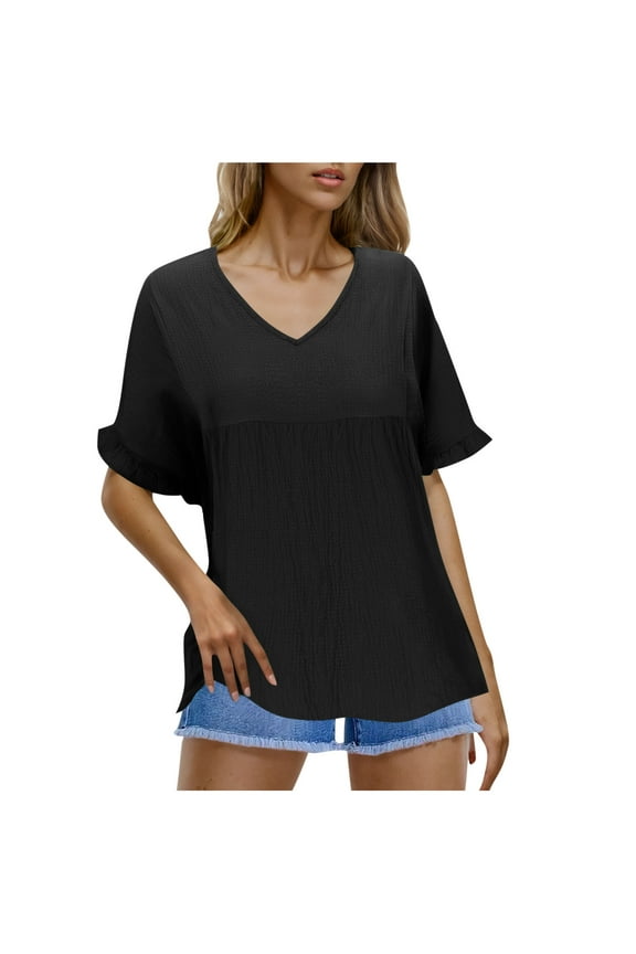 Womens Tops Casual V Neck Ruffle Sleeve T Shirts Babydoll Loose Fit Peplum Tops