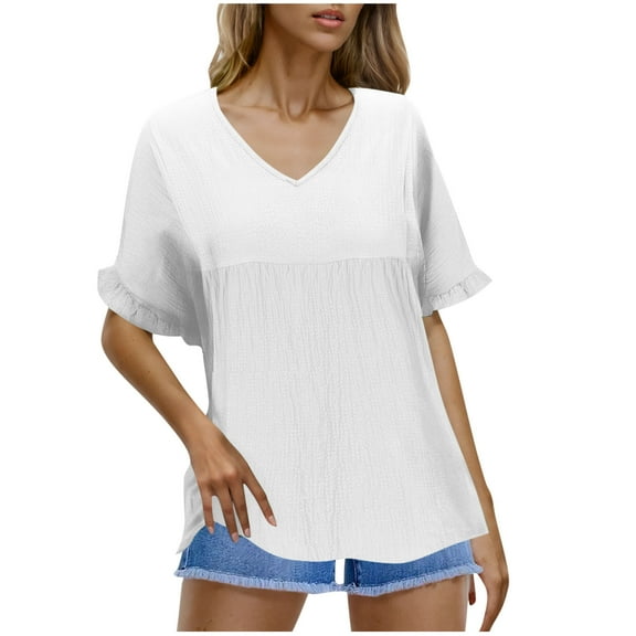 Mittory Womens Tops Casual V Neck Ruffle Sleeve T Shirts Babydoll Loose Fit Peplum Tops