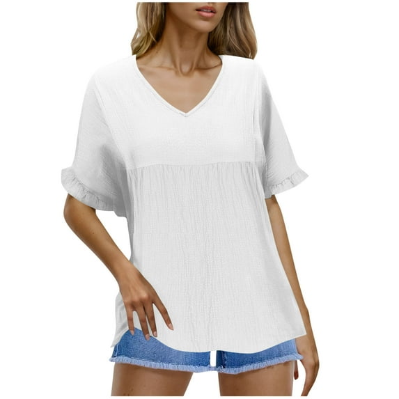 Mittory Womens Tops Casual V Neck Ruffle Sleeve T Shirts Babydoll Loose Fit Peplum Tops