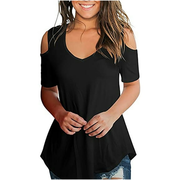 Mittory Womens Tops Cold Shoulder Short Sleeve V Neck Shirts Summer Dressy Casual Basic Tees