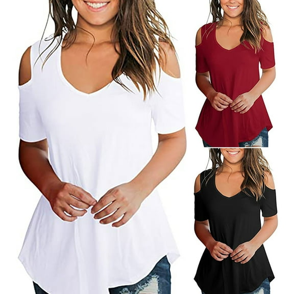 Mittory Womens Tops Cold Shoulder Short Sleeve V Neck Shirts Summer Dressy Casual Basic Tees