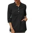 thumbnail image 1 of Mittory Womens Tops Cotton Linen 3/4 V Neck Tshirt Stand Up Collar Tunic Tops Summer Outfits Button Down Tees, 1 of 6