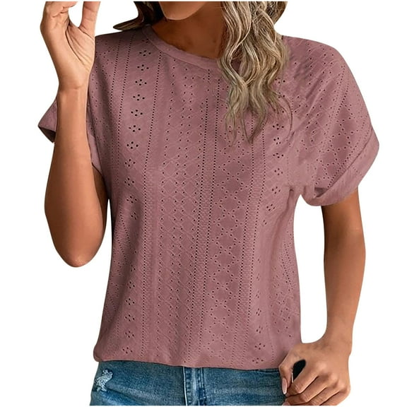 Mittory Womens Tops Crewneck Eyelet Embroidery Tops Summer Fall Fashion Clothes Loose Fit Casual Short Sleeve Blouse