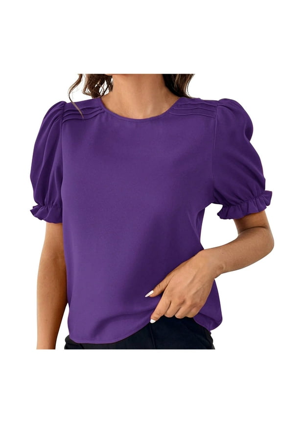 Womens Tops Dressy Casual Crewneck Ruffle Short Sleeve Shirts Summer Loose Flowy Work Chiffon Blouses Clothes
