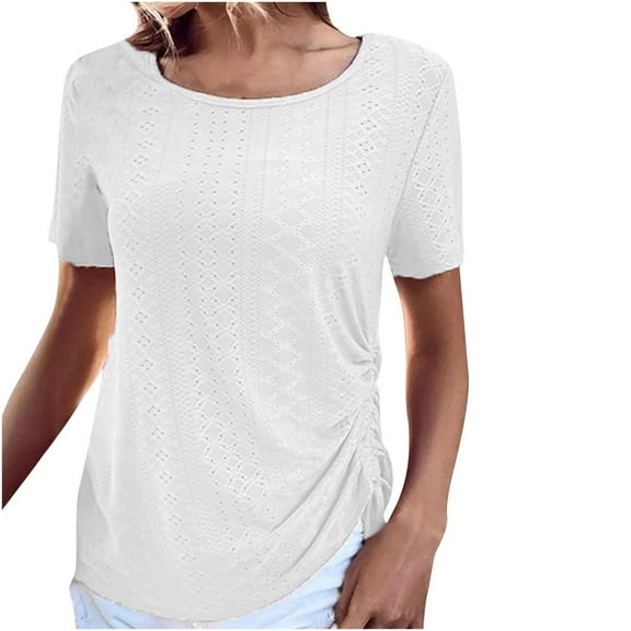 Mittory Womens Tops Dressy Casual Lace Crochet Eyelet Blouse Ruched Side Drawstring Tunic Short Sleeve Summer T Shirt